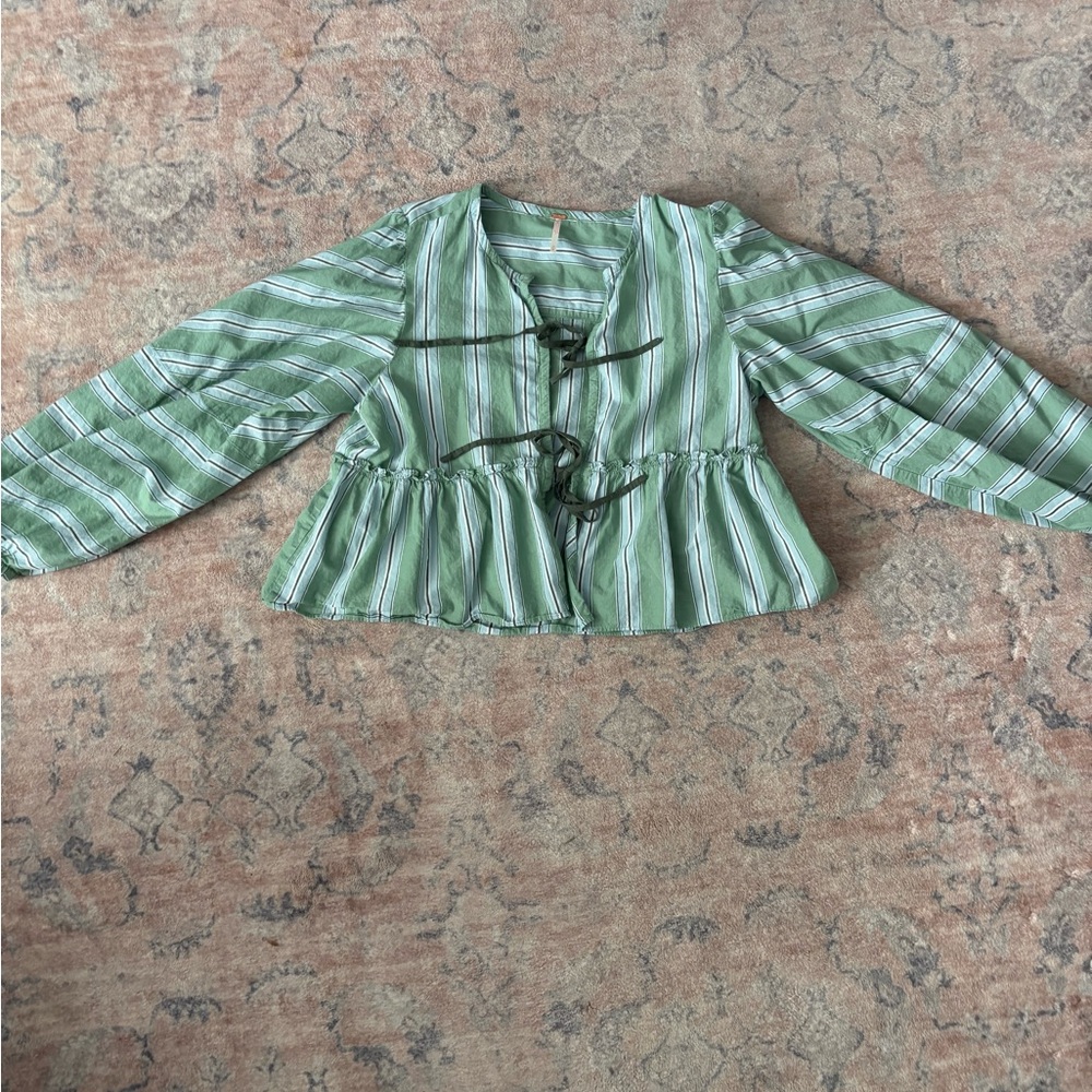 Free People Green Striped Peplum Tie-Front Top